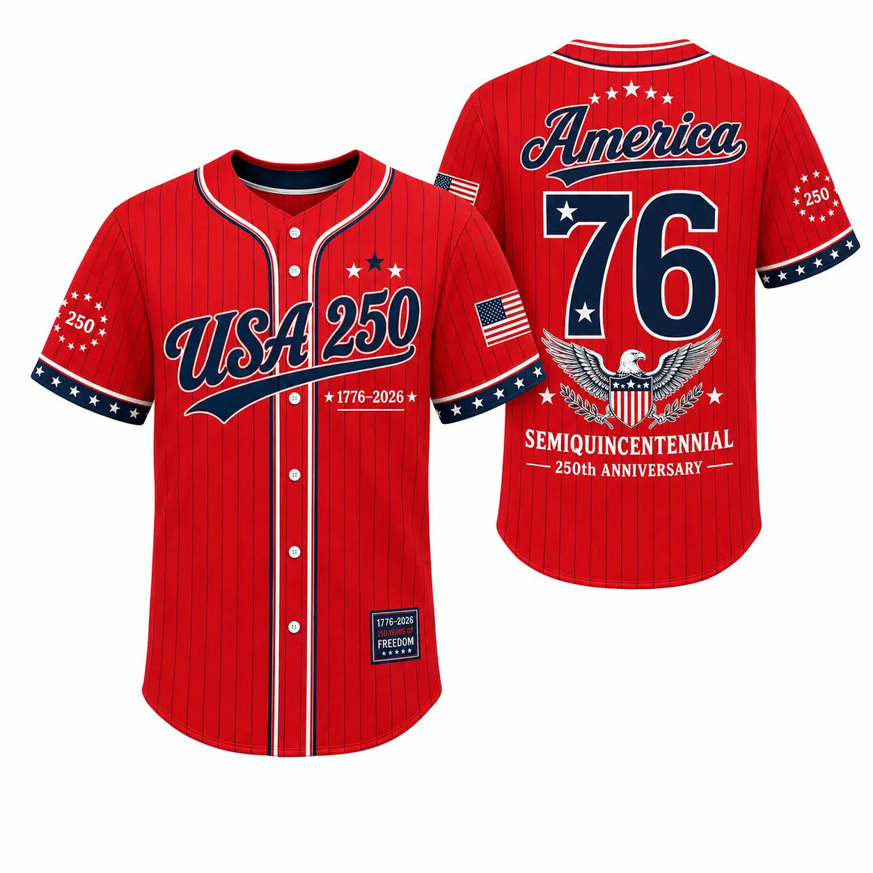 Unisex Pinstripe Baseball Jersey, 250th Anniversary Patriotic Button Down Shirt with America 76 Graphic for 4th of July, 250Th Anniversary Jersey