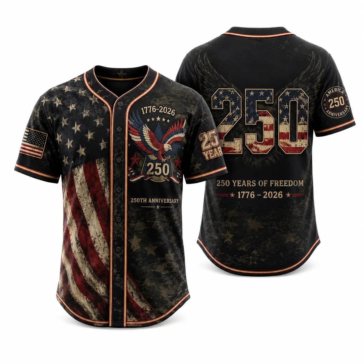 Men's USA 250th Anniversary Baseball Jersey Patriotic American Flag Eagle Button Down Shirt 1776-2026, Vintage Distressed 4th of July Independence Day Graphic Tee, Unisex Casual Sports Top for Men Women, White
