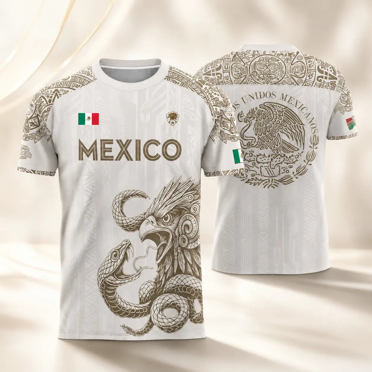 Mexico Jersey, Women's Mexico Jersey, Unisex White Gold Aztec Eagle Snake Graphic Short-Sleeve Athletic Shirt, Breathable Mexican National Team Style Tee, Heritage Fan Apparel for Match Day, Casual Streetwear Gift