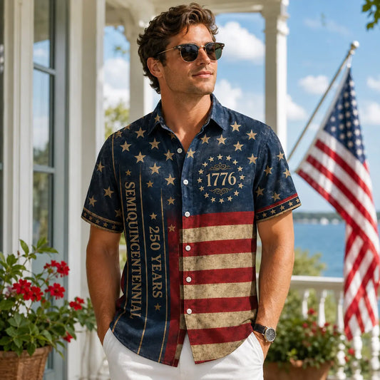 Men's Festive USA 250th Anniversary (1776-2026) Tropical Short-Sleeve Hawaiian Shirt, Vintage Flag Print Americana Casual Button-Down Top, Menswear for Independence Day Celebration, XWY01 Sports & Outdoor Wear