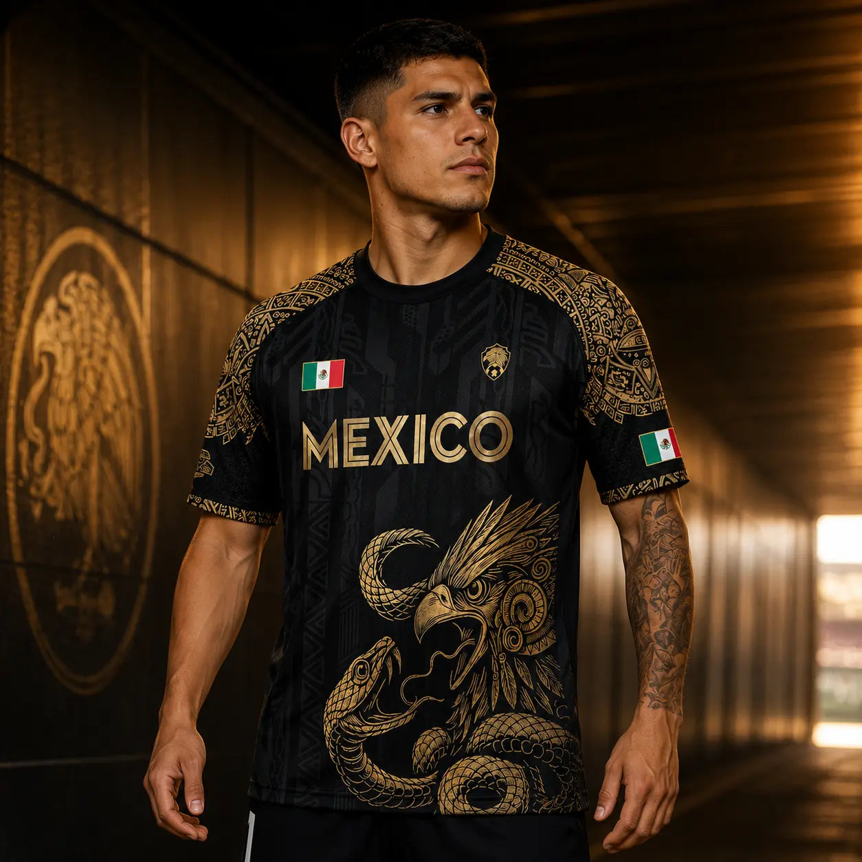 Mexico Jersey, Unisex Dark Green National Team Shirt with Gold Aztec Graphic, Breathable Athletic Top with Eagle Snake Emblem