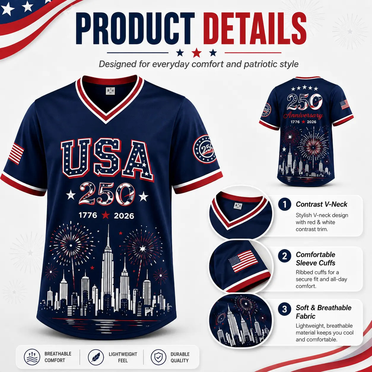 Men's & Women's USA 250th Anniversary Baseball Jersey - 1776-2026 Patriotic 250th Anniversary Shirt, Liberty Statue, American Flag, Freedom Pride, 4th of July Red White Blue Sports Tee, Professional Sports Clothing