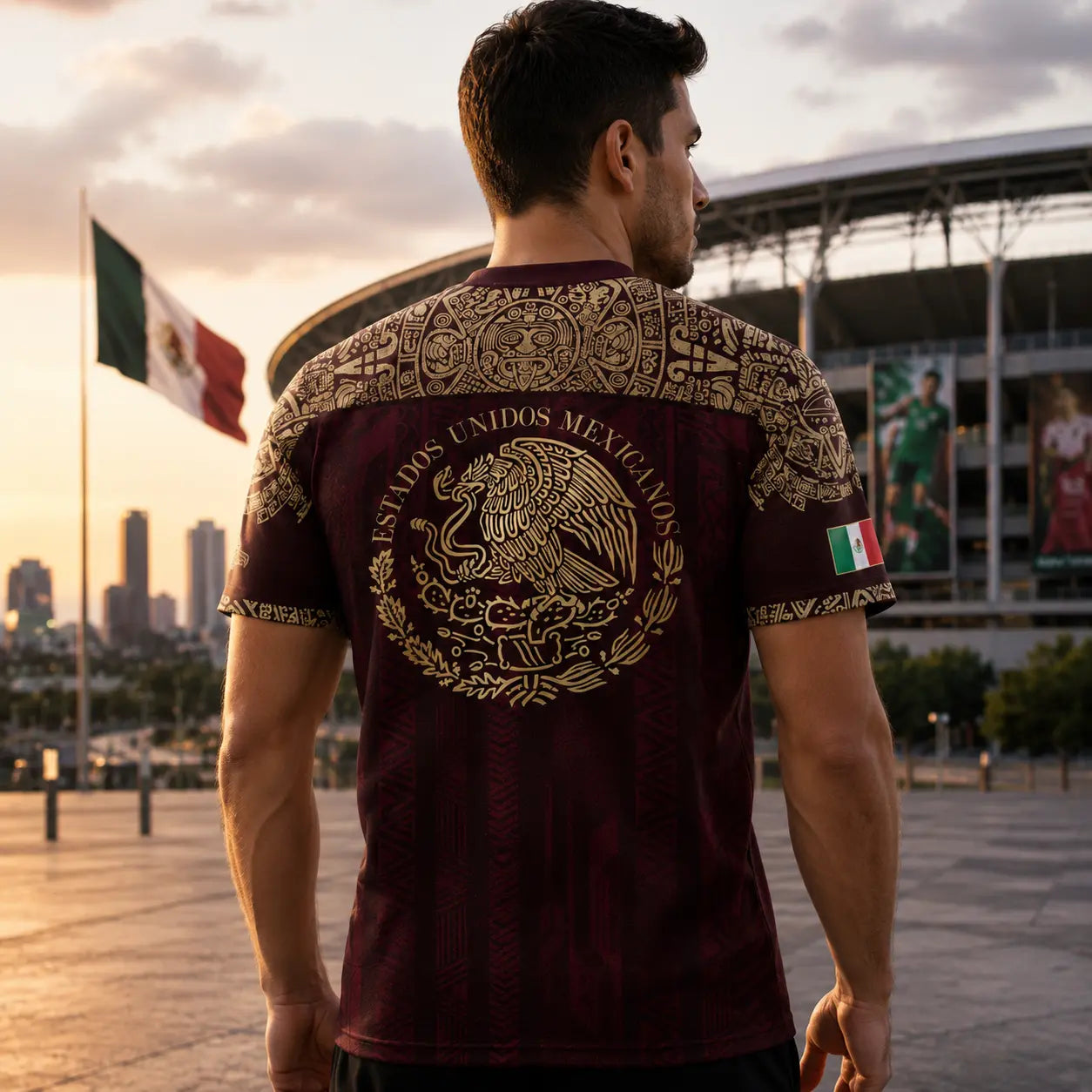 Unisex Mexico Soccer Jersey with Aztec Eagle Graphic, Short Sleeve Top in Burgundy Gold, Casual Game Day Streetwear Clothing