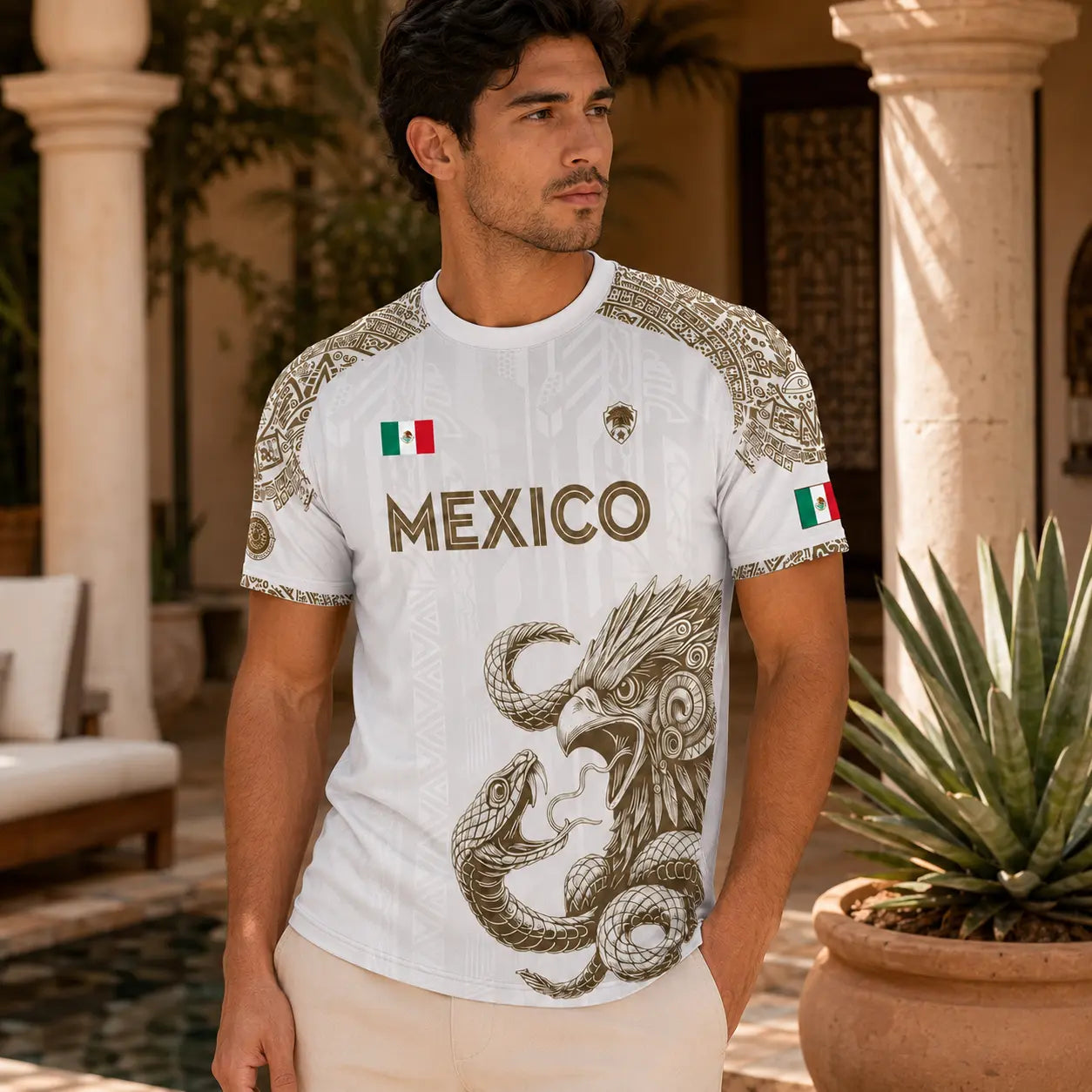 Mexico Jersey, Women's Mexico Jersey, Unisex White Gold Aztec Eagle Snake Graphic Short-Sleeve Athletic Shirt, Breathable Mexican National Team Style Tee, Heritage Fan Apparel for Match Day, Casual Streetwear Gift