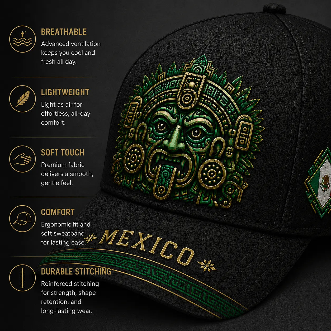 Mexico Baseball Cap Men Women Black Green Aztec Mask Graphic Hat Mexican Flag Patch Embroidered Adjustable Cap Mexico Pride Snapback Style Outdoor Sun Hat Soccer Fan Gift Casual Sports Streetwear Accessories