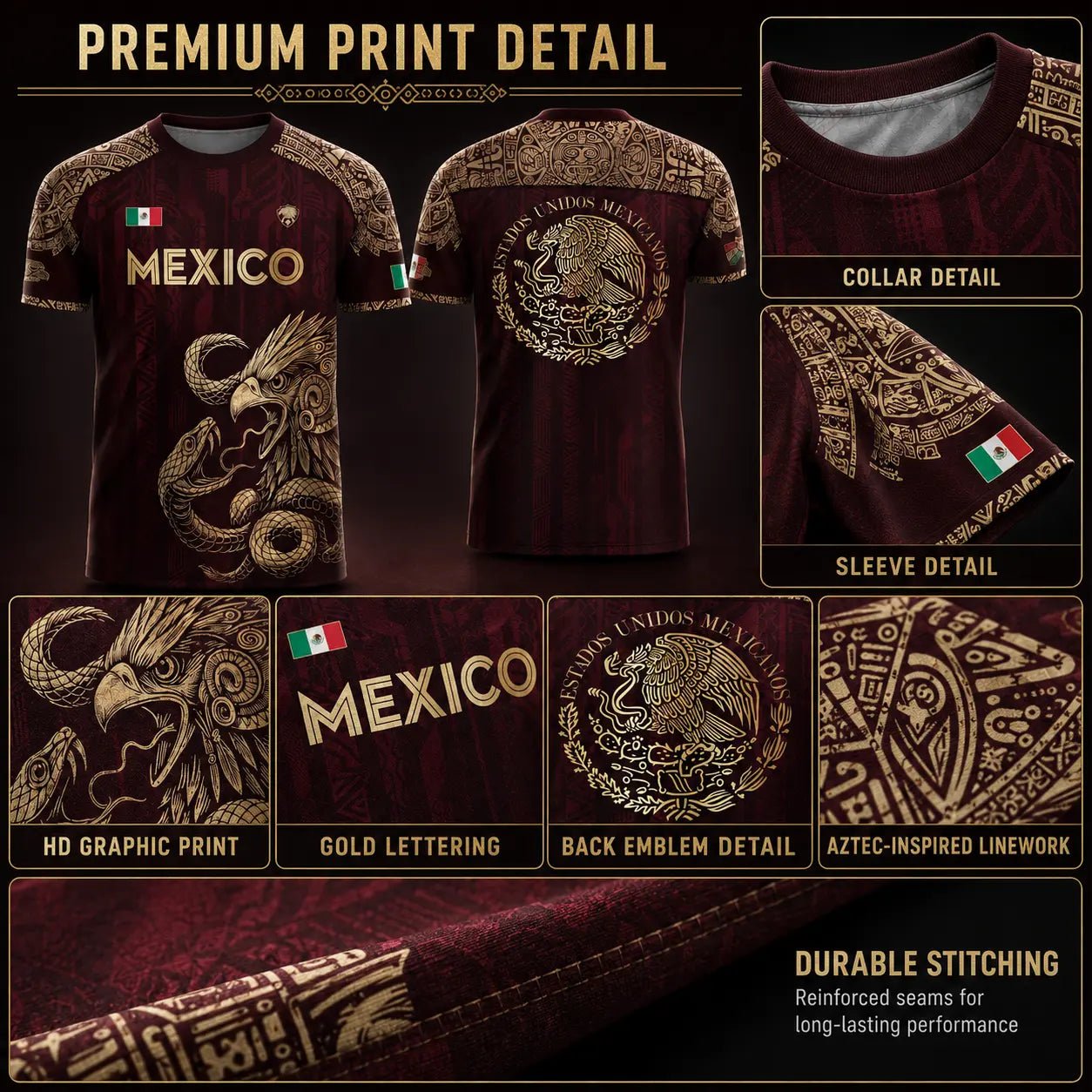 Unisex Mexico Soccer Jersey with Aztec Eagle Graphic, Short Sleeve Top in Burgundy Gold, Casual Game Day Streetwear Clothing