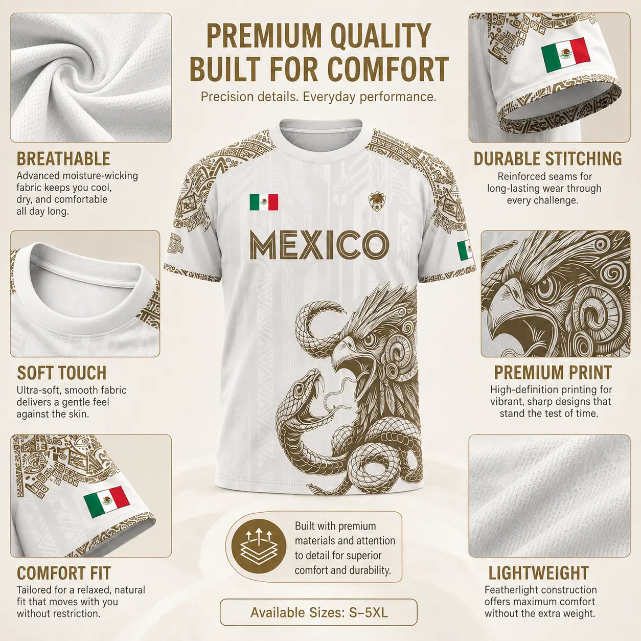 Mexico Jersey, Women's Mexico Jersey, Unisex White Gold Aztec Eagle Snake Graphic Short-Sleeve Athletic Shirt, Breathable Mexican National Team Style Tee, Heritage Fan Apparel for Match Day, Casual Streetwear Gift