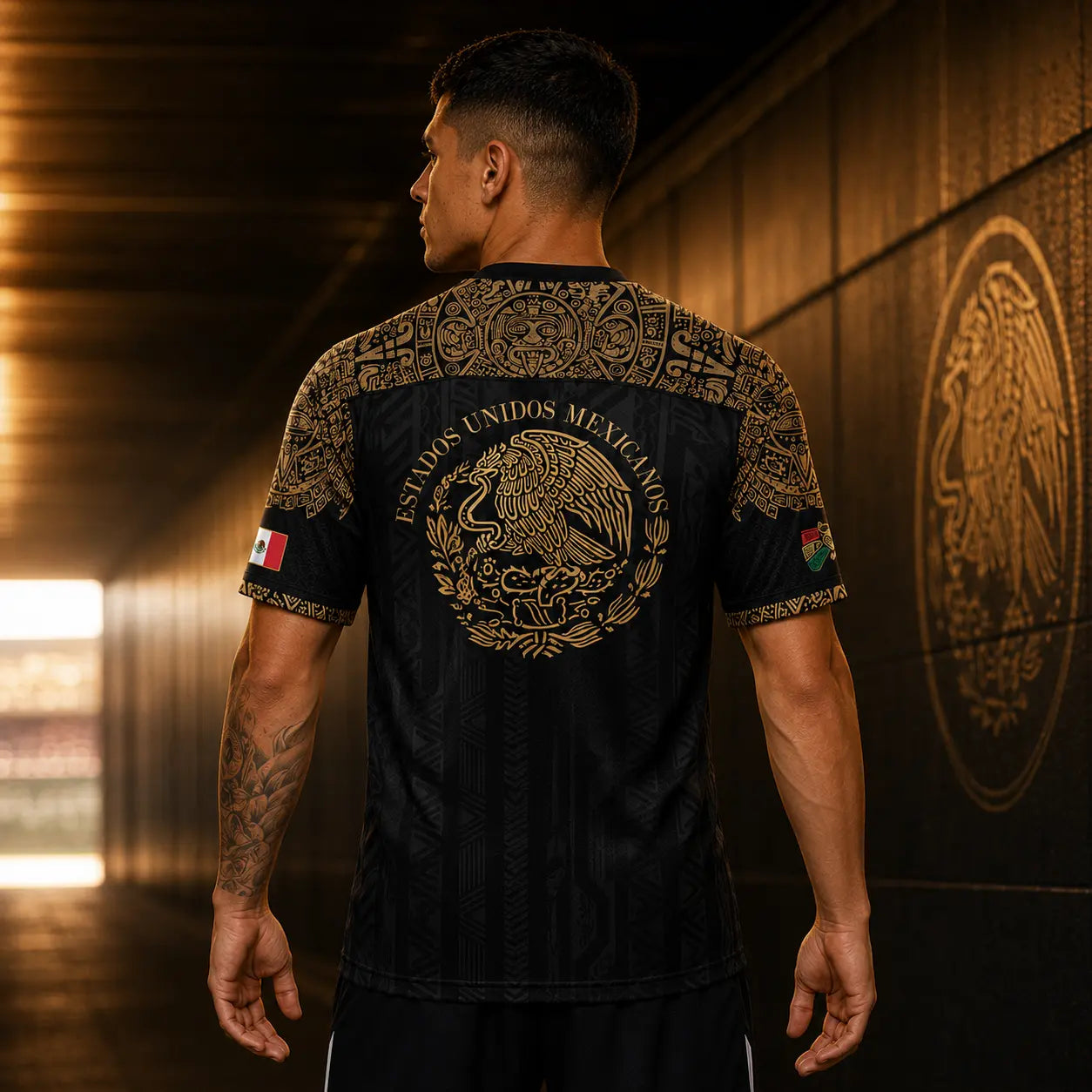 Mexico Jersey, Unisex Dark Green National Team Shirt with Gold Aztec Graphic, Breathable Athletic Top with Eagle Snake Emblem