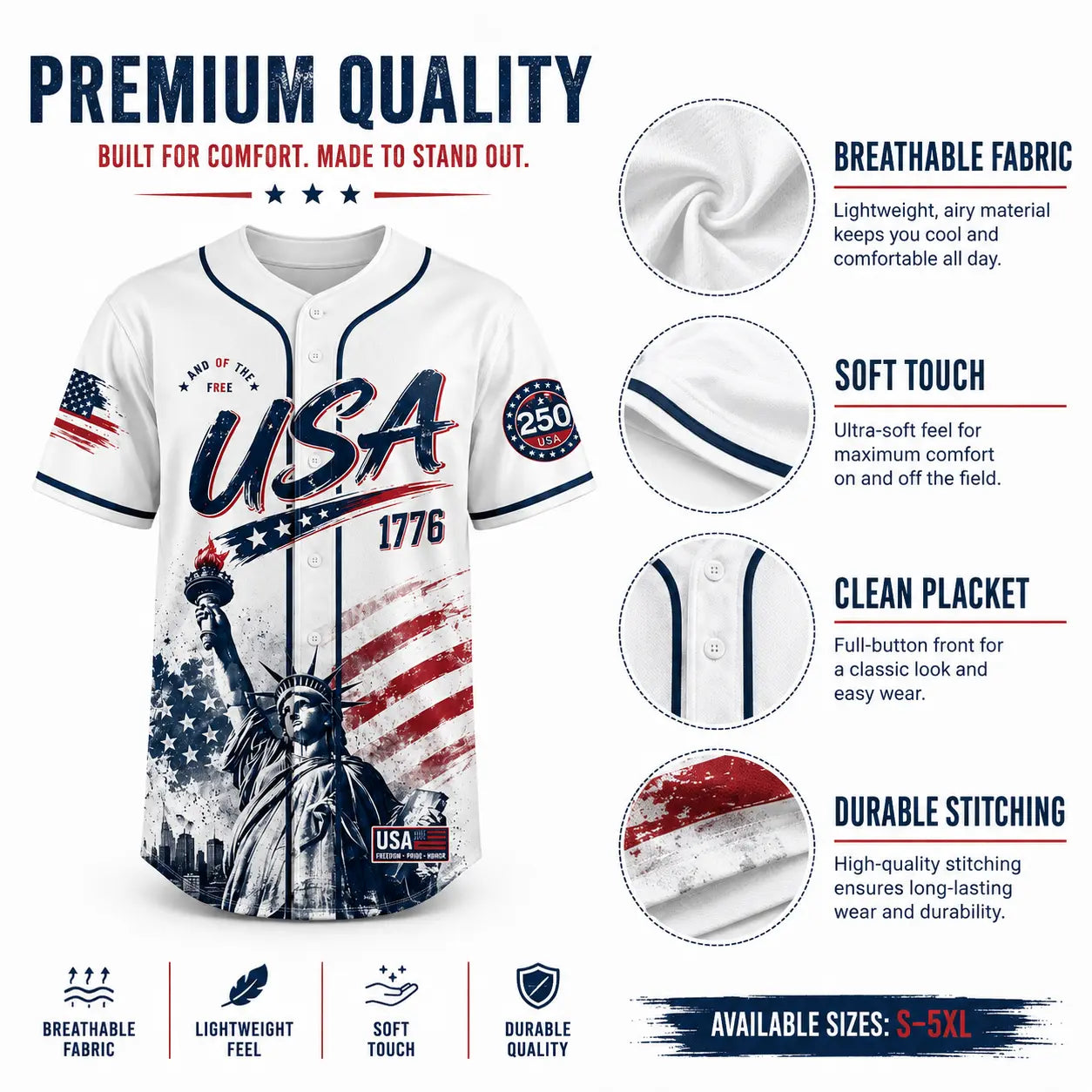 USA Baseball Jersey - 250th Anniversary Patriotic 1776-2026 Apparel, Men's/Women's 4th of July Fourth of July Women Short Sleeve Tee, American Flag Liberty Eagle Independence Day Vintage Sports Top (Red White Blue)