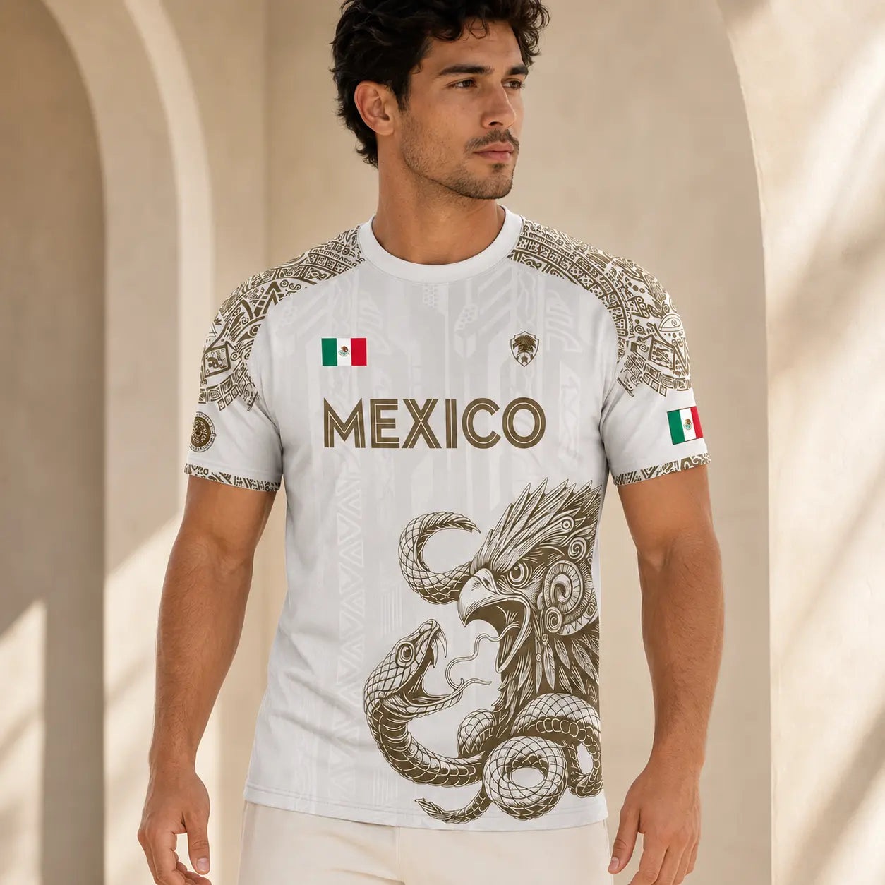 Mexico Jersey, Women's Mexico Jersey, Unisex White Gold Aztec Eagle Snake Graphic Short-Sleeve Athletic Shirt, Breathable Mexican National Team Style Tee, Heritage Fan Apparel for Match Day, Casual Streetwear Gift