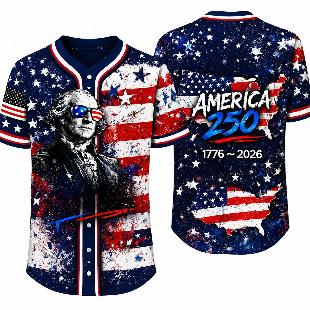 Men’s Patriotic America 250 Baseball Jersey - 1776-2026 USA Flag, George Washington Print, Short Sleeve Button Down Top for 4th of July, Fourth of July Independence Day Freedom Party