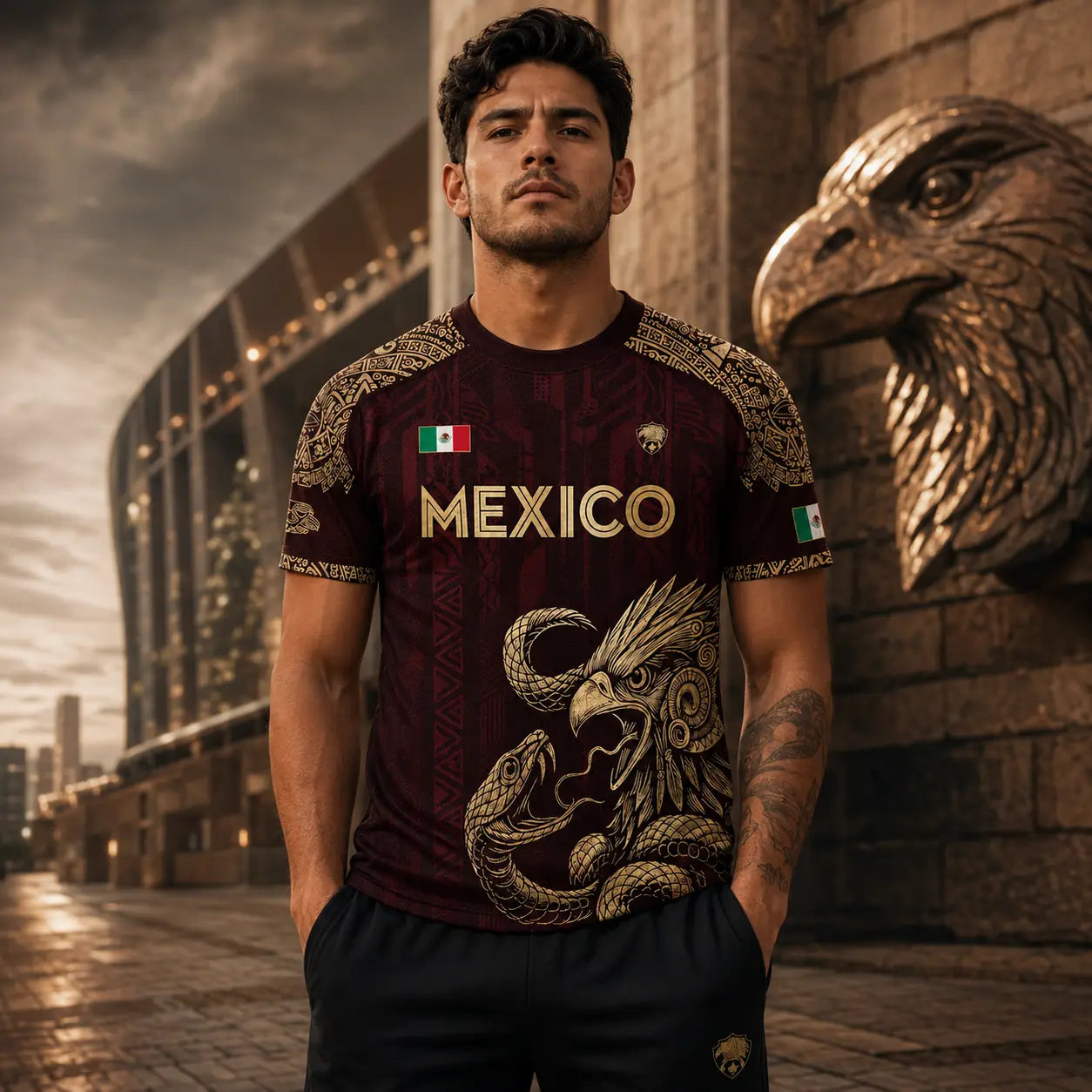 Unisex Mexico Soccer Jersey with Aztec Eagle Graphic, Short Sleeve Top in Burgundy Gold, Casual Game Day Streetwear Clothing