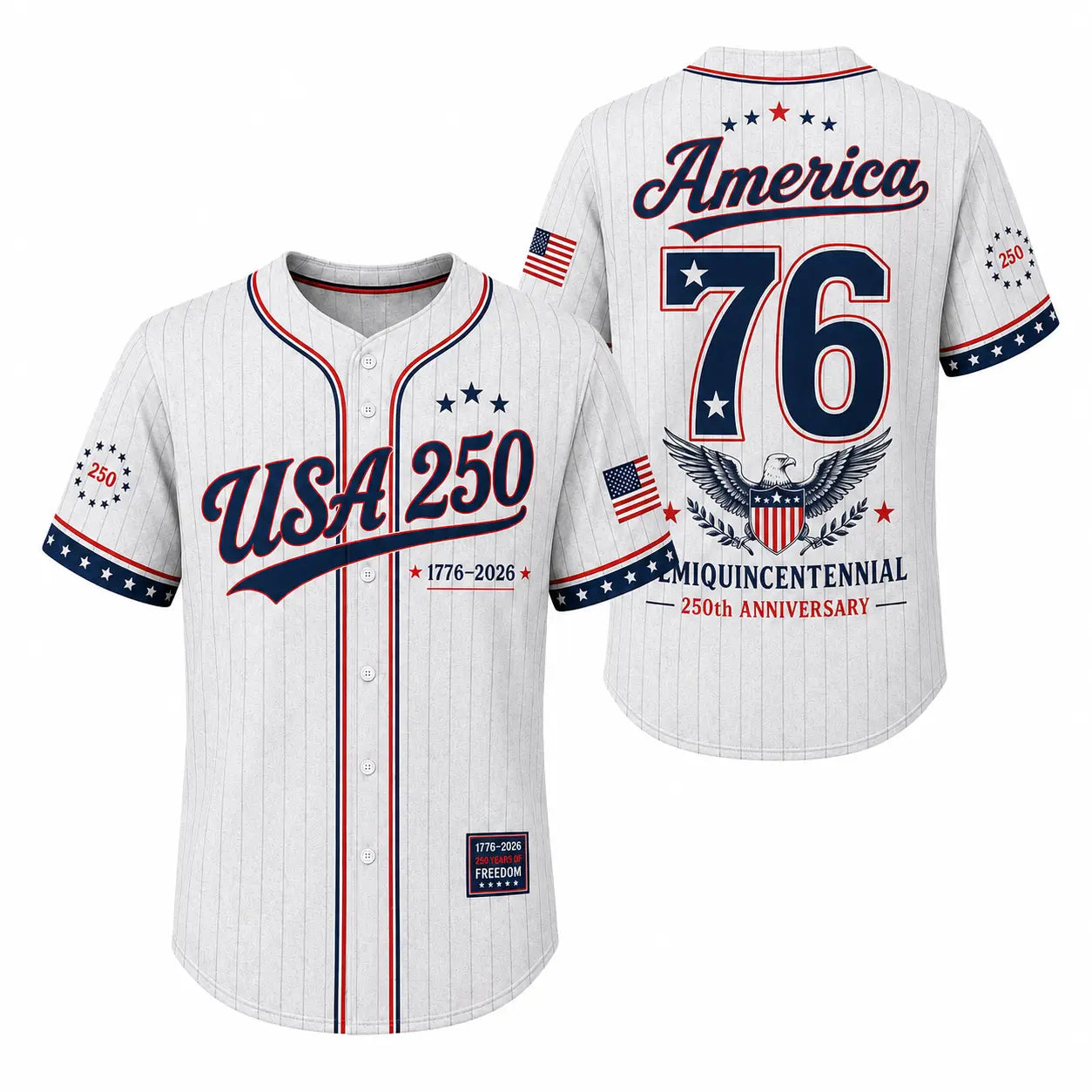 Unisex Pinstripe Baseball Jersey, 250th Anniversary Patriotic Button Down Shirt with America 76 Graphic for 4th of July, 250Th Anniversary Jersey