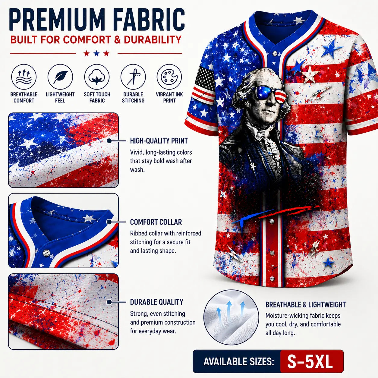 Men’s Patriotic America 250 Baseball Jersey - 1776-2026 USA Flag, George Washington Print, Short Sleeve Button Down Top for 4th of July, Fourth of July Independence Day Freedom Party