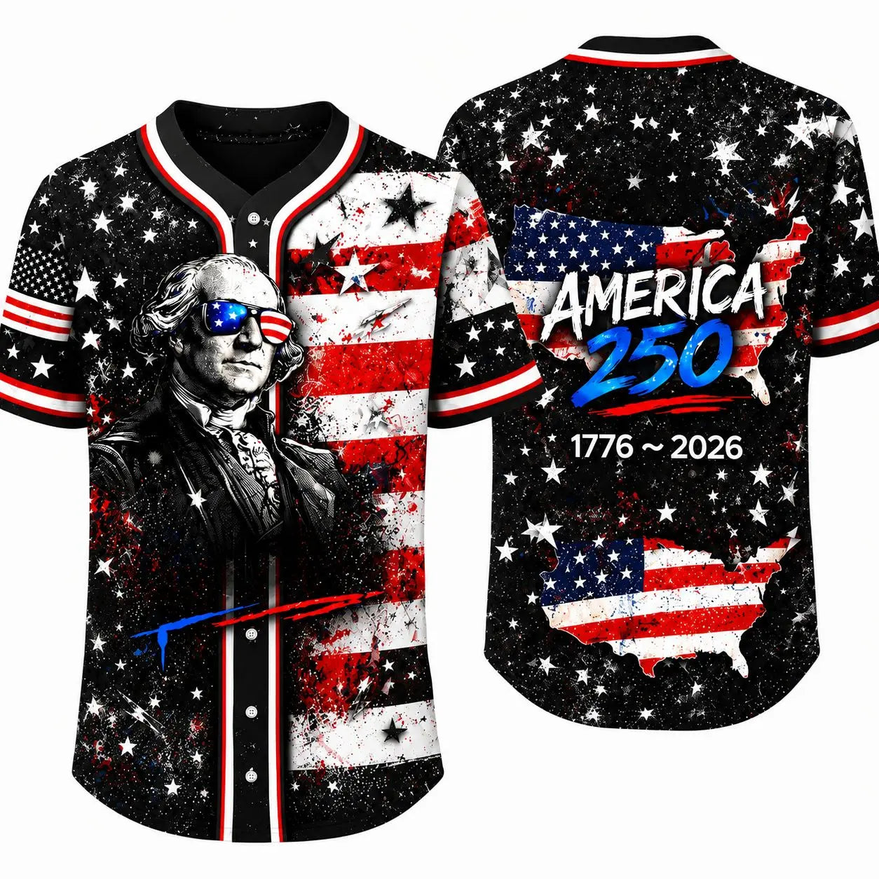 Men’s Patriotic America 250 Baseball Jersey - 1776-2026 USA Flag, George Washington Print, Short Sleeve Button Down Top for 4th of July, Fourth of July Independence Day Freedom Party