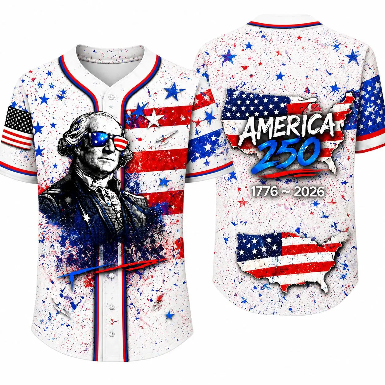 Men’s Patriotic America 250 Baseball Jersey - 1776-2026 USA Flag, George Washington Print, Short Sleeve Button Down Top for 4th of July, Fourth of July Independence Day Freedom Party