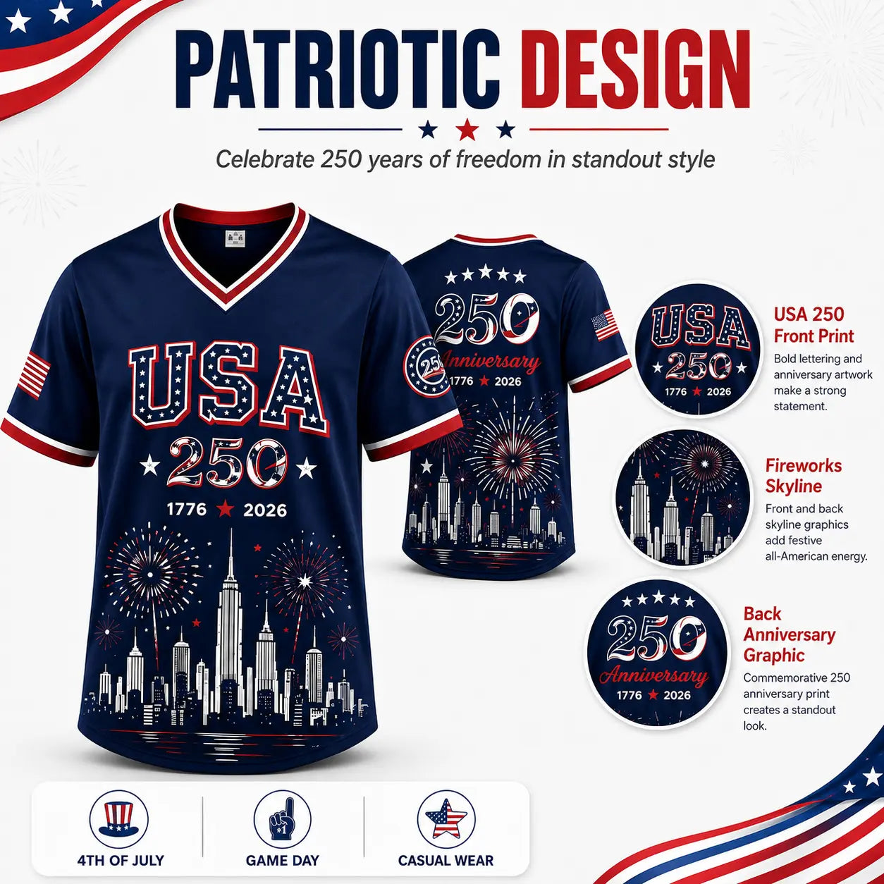 Men's & Women's USA 250th Anniversary Baseball Jersey - 1776-2026 Patriotic 250th Anniversary Shirt, Liberty Statue, American Flag, Freedom Pride, 4th of July Red White Blue Sports Tee, Professional Sports Clothing