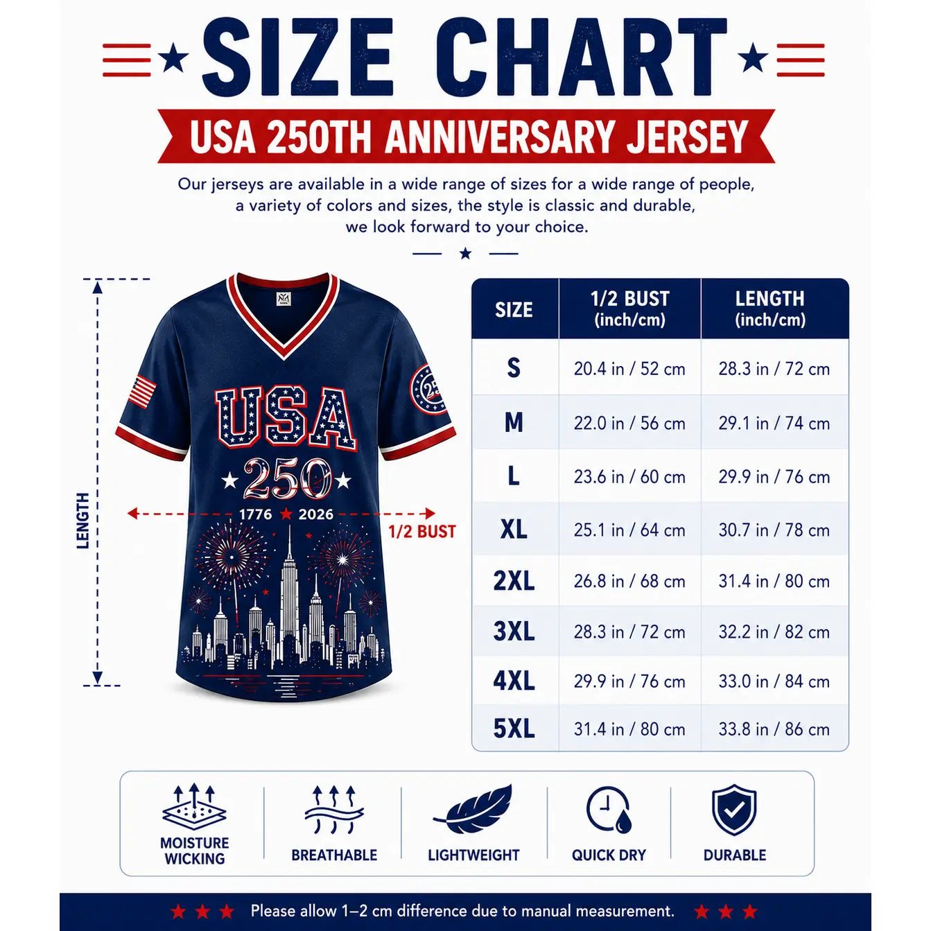 Men's & Women's USA 250th Anniversary Baseball Jersey - 1776-2026 Patriotic 250th Anniversary Shirt, Liberty Statue, American Flag, Freedom Pride, 4th of July Red White Blue Sports Tee, Professional Sports Clothing