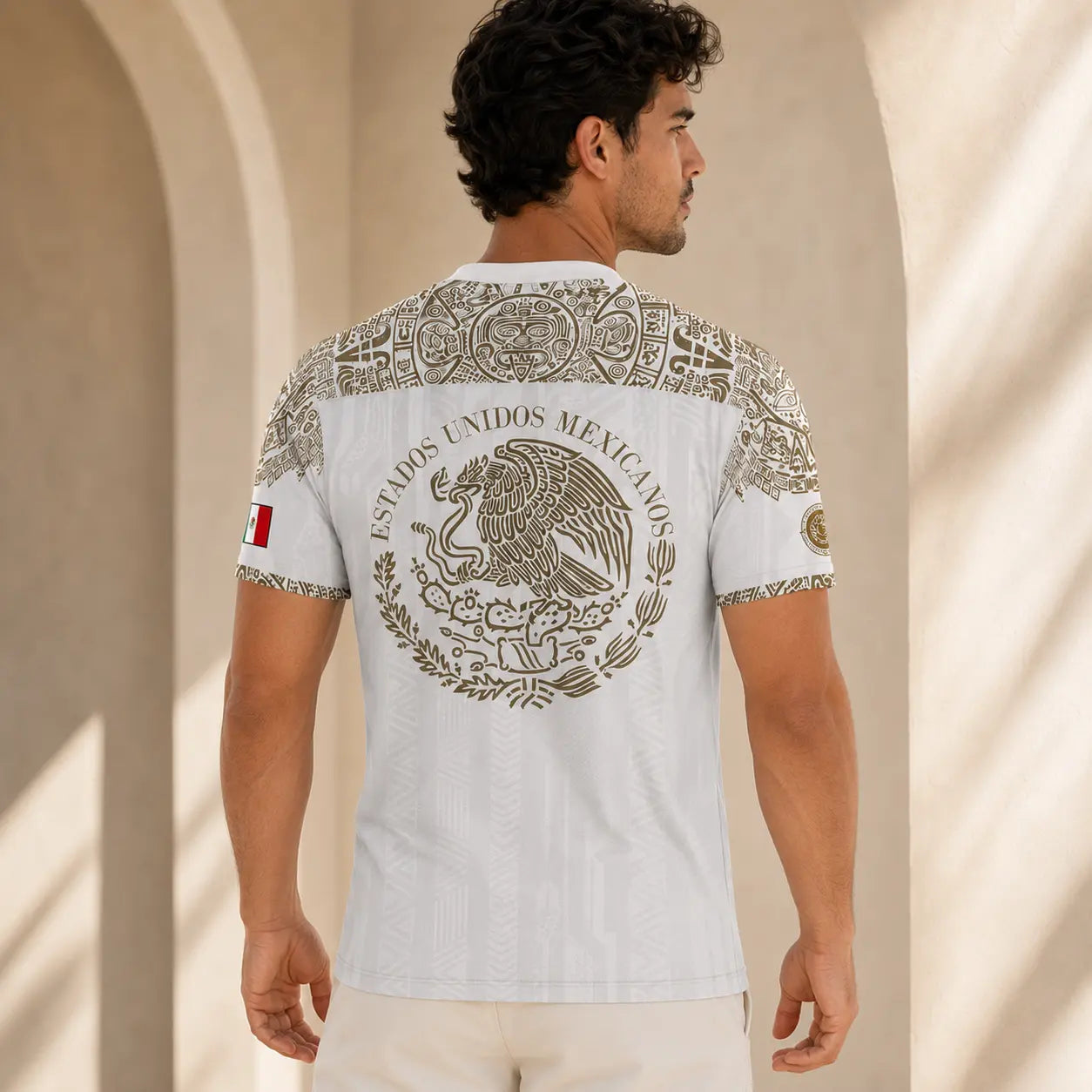 Mexico Jersey, Women's Mexico Jersey, Unisex White Gold Aztec Eagle Snake Graphic Short-Sleeve Athletic Shirt, Breathable Mexican National Team Style Tee, Heritage Fan Apparel for Match Day, Casual Streetwear Gift