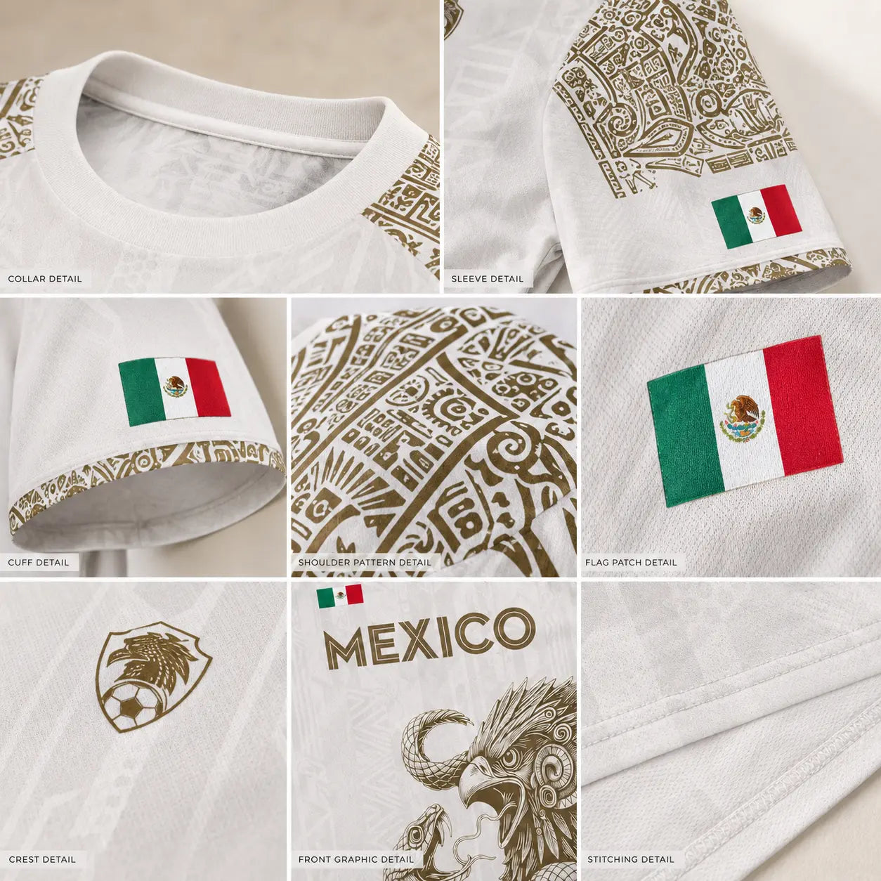 Mexico Jersey, Women's Mexico Jersey, Unisex White Gold Aztec Eagle Snake Graphic Short-Sleeve Athletic Shirt, Breathable Mexican National Team Style Tee, Heritage Fan Apparel for Match Day, Casual Streetwear Gift