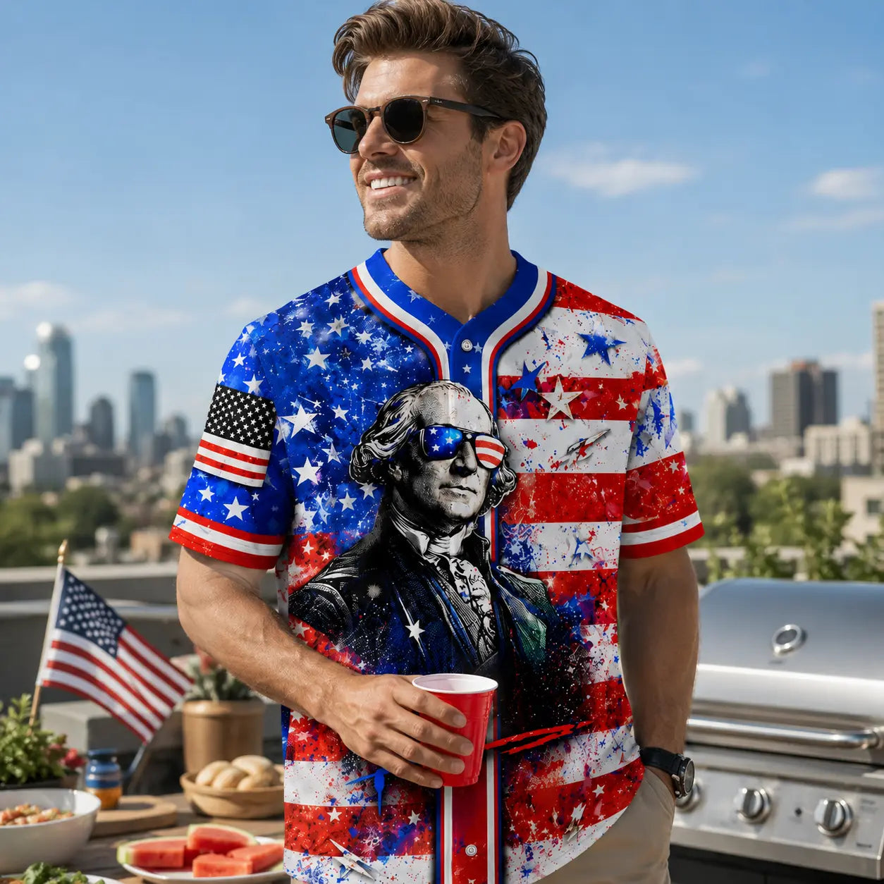Men’s Patriotic America 250 Baseball Jersey - 1776-2026 USA Flag, George Washington Print, Short Sleeve Button Down Top for 4th of July, Fourth of July Independence Day Freedom Party