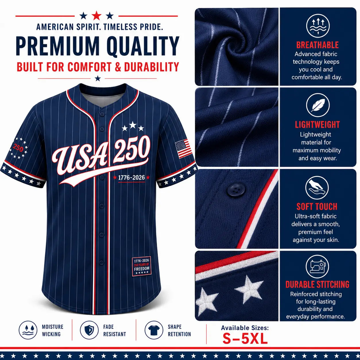 Unisex Pinstripe Baseball Jersey, 250th Anniversary Patriotic Button Down Shirt with America 76 Graphic for 4th of July, 250Th Anniversary Jersey