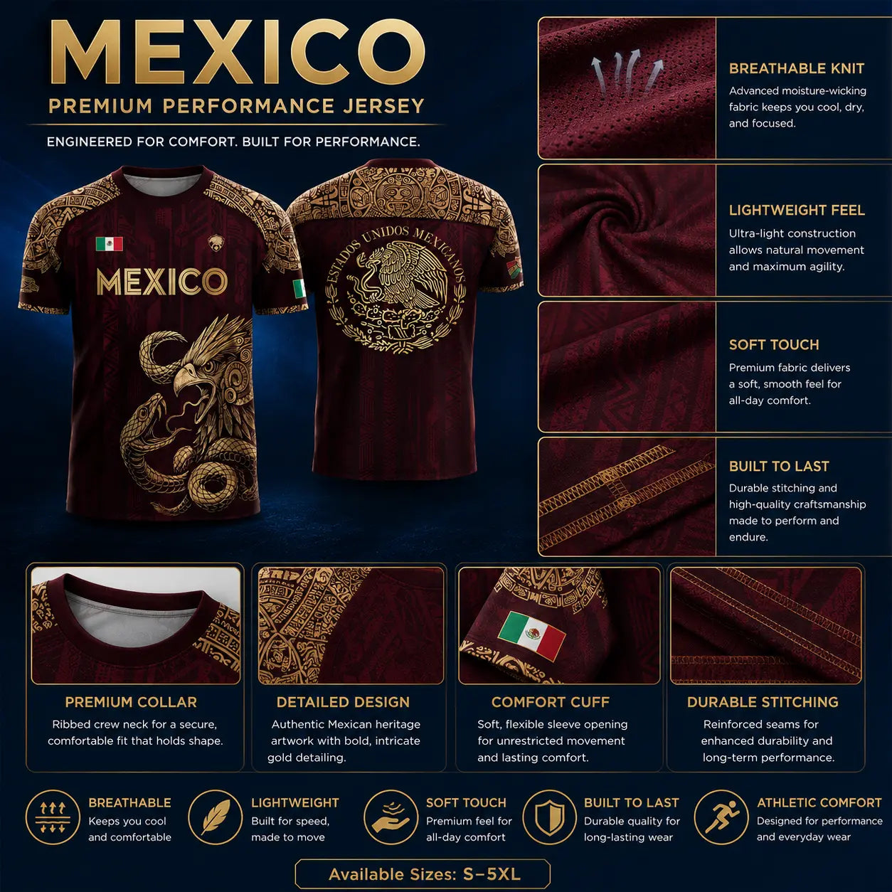 Unisex Mexico Soccer Jersey with Aztec Eagle Graphic, Short Sleeve Top in Burgundy Gold, Casual Game Day Streetwear Clothing