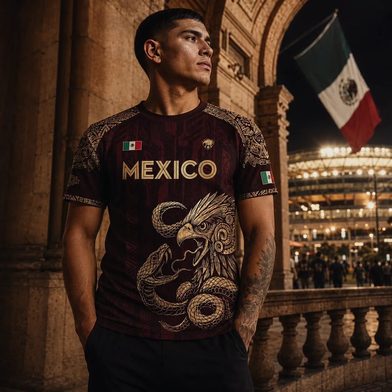 Unisex Mexico Soccer Jersey with Aztec Eagle Graphic, Short Sleeve Top in Burgundy Gold, Casual Game Day Streetwear Clothing