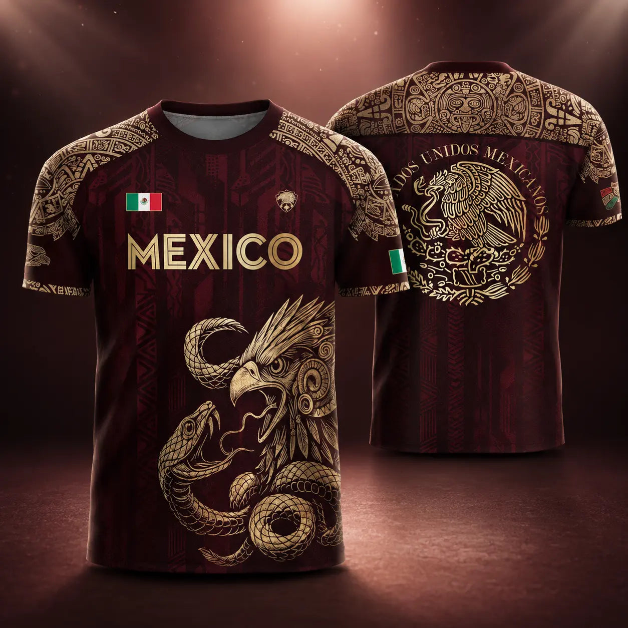 Unisex Mexico Soccer Jersey with Aztec Eagle Graphic, Short Sleeve Top in Burgundy Gold, Casual Game Day Streetwear Clothing