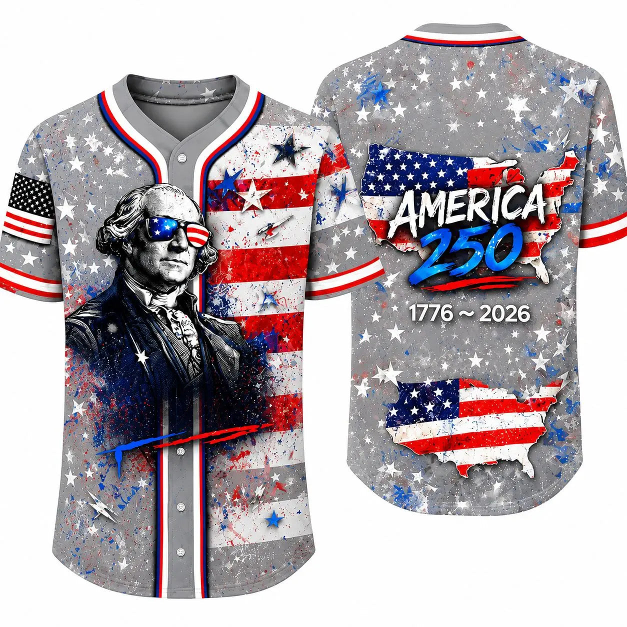 Men’s Patriotic America 250 Baseball Jersey - 1776-2026 USA Flag, George Washington Print, Short Sleeve Button Down Top for 4th of July, Fourth of July Independence Day Freedom Party