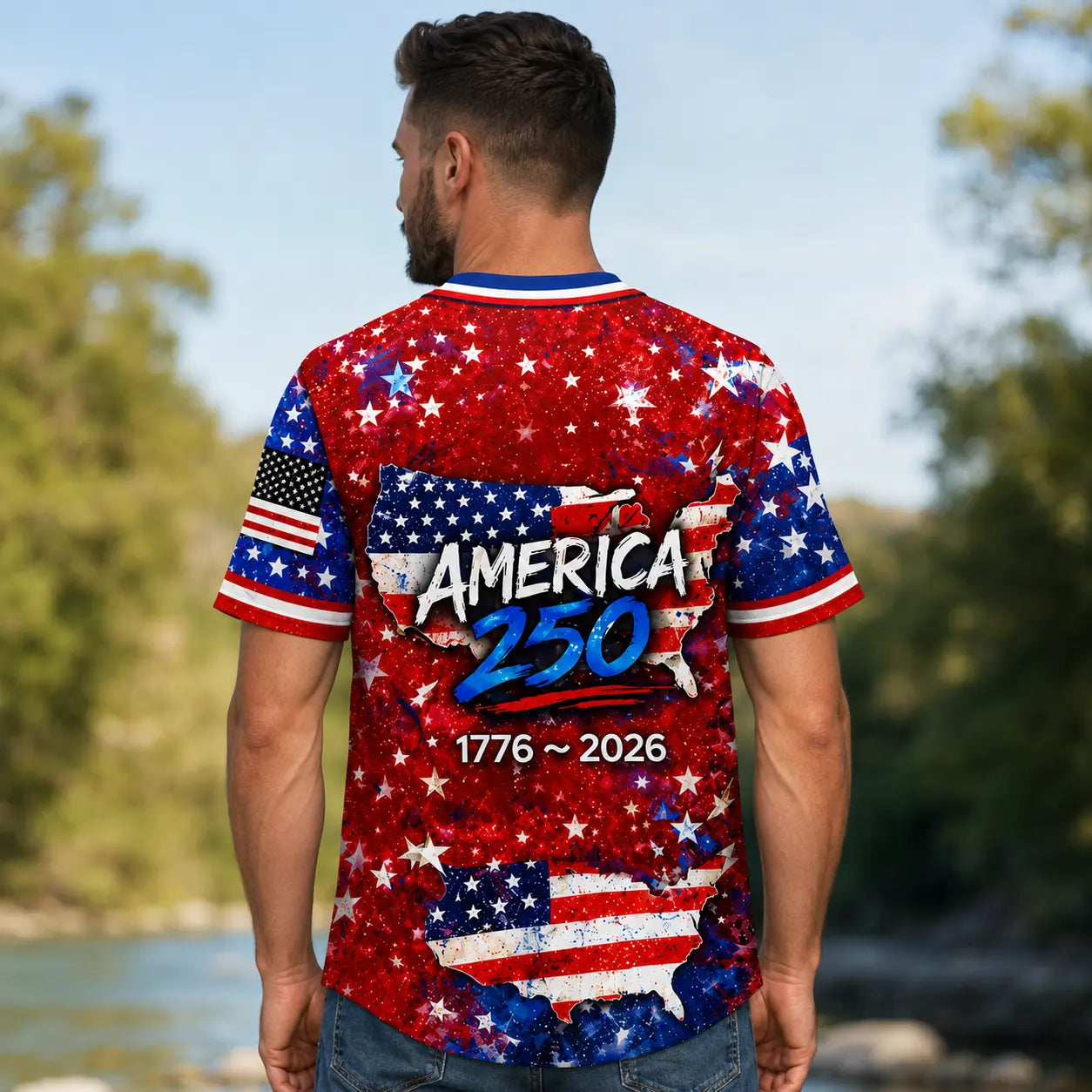 Men’s Patriotic America 250 Baseball Jersey - 1776-2026 USA Flag, George Washington Print, Short Sleeve Button Down Top for 4th of July, Fourth of July Independence Day Freedom Party