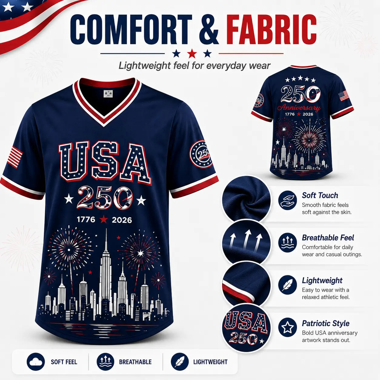 Men's & Women's USA 250th Anniversary Baseball Jersey - 1776-2026 Patriotic 250th Anniversary Shirt, Liberty Statue, American Flag, Freedom Pride, 4th of July Red White Blue Sports Tee, Professional Sports Clothing