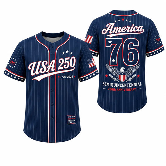Unisex Pinstripe Baseball Jersey, 250th Anniversary Patriotic Button Down Shirt with America 76 Graphic for 4th of July, 250Th Anniversary Jersey