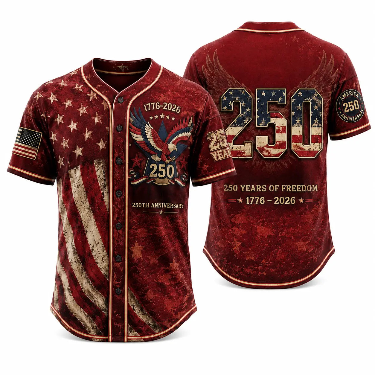Men's USA 250th Anniversary Baseball Jersey Patriotic American Flag Eagle Button Down Shirt 1776-2026, Vintage Distressed 4th of July Independence Day Graphic Tee, Unisex Casual Sports Top for Men Women, White
