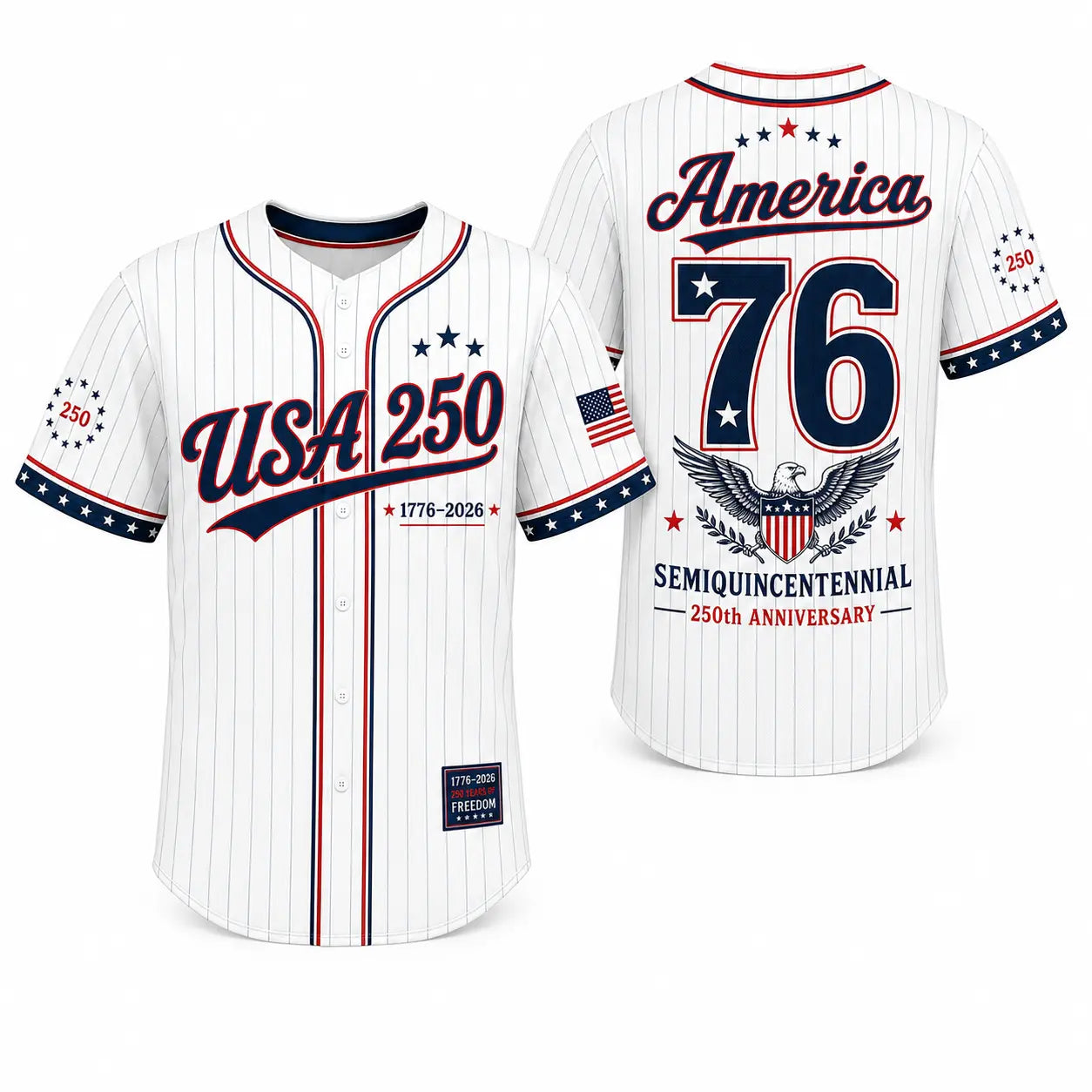 Unisex Pinstripe Baseball Jersey, 250th Anniversary Patriotic Button Down Shirt with America 76 Graphic for 4th of July, 250Th Anniversary Jersey