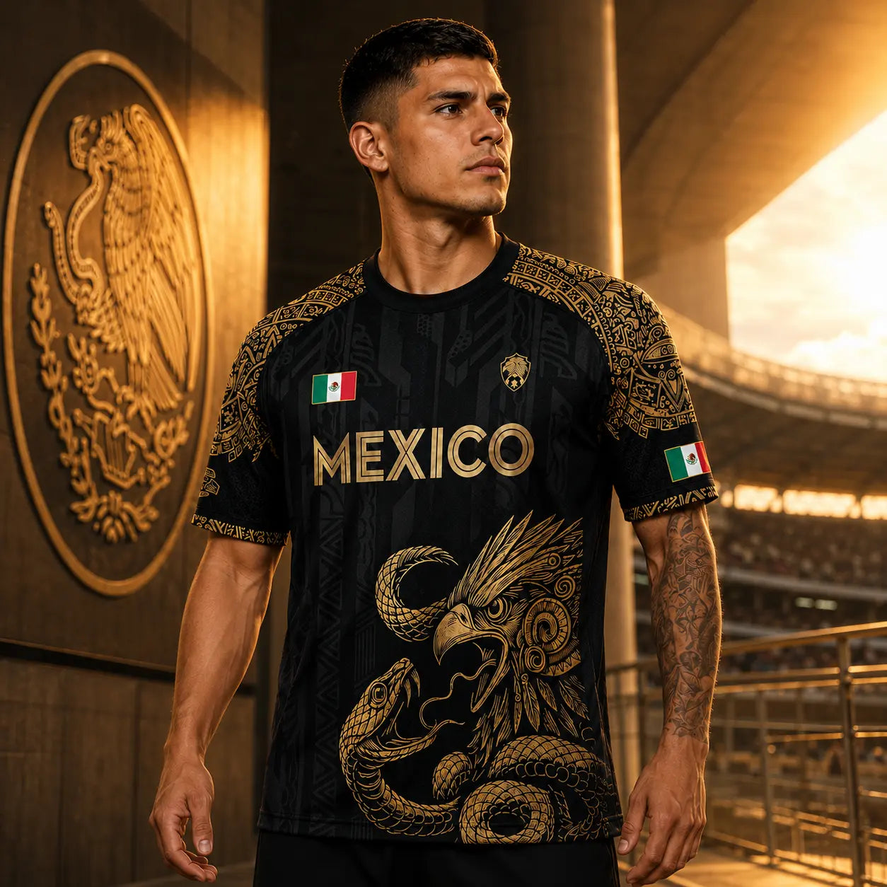 Mexico Jersey, Unisex Dark Green National Team Shirt with Gold Aztec Graphic, Breathable Athletic Top with Eagle Snake Emblem