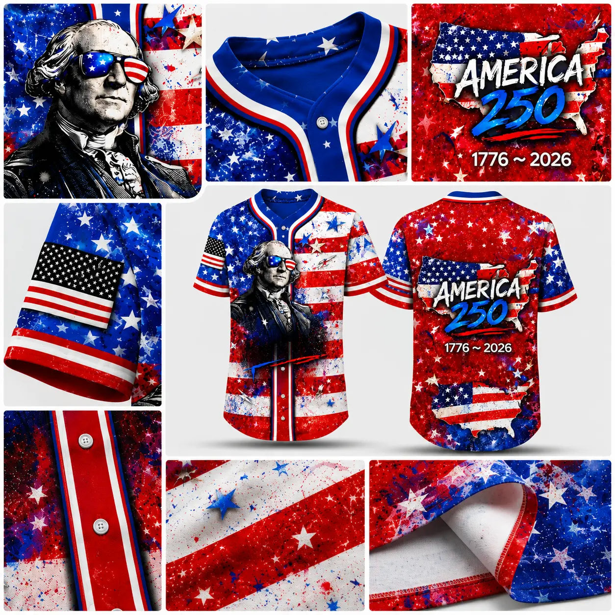 Men’s Patriotic America 250 Baseball Jersey - 1776-2026 USA Flag, George Washington Print, Short Sleeve Button Down Top for 4th of July, Fourth of July Independence Day Freedom Party