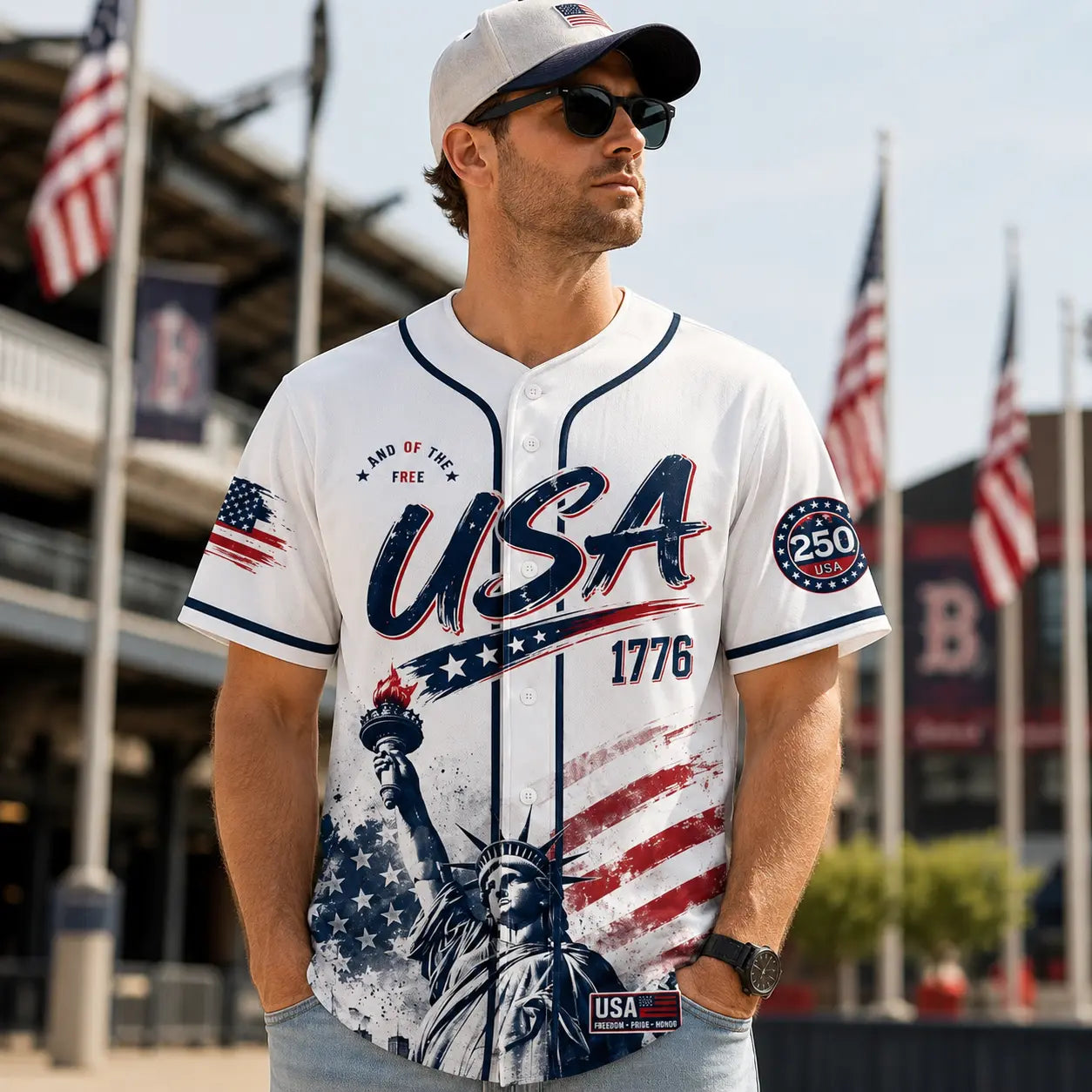 USA Baseball Jersey - 250th Anniversary Patriotic 1776-2026 Apparel, Men's/Women's 4th of July Fourth of July Women Short Sleeve Tee, American Flag Liberty Eagle Independence Day Vintage Sports Top (Red White Blue)