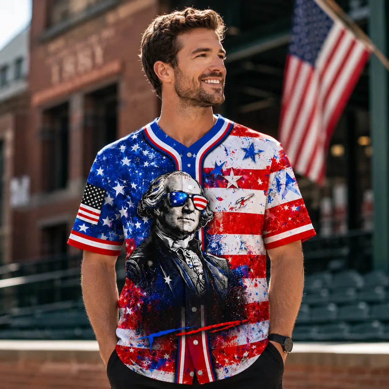 Men’s Patriotic America 250 Baseball Jersey - 1776-2026 USA Flag, George Washington Print, Short Sleeve Button Down Top for 4th of July, Fourth of July Independence Day Freedom Party