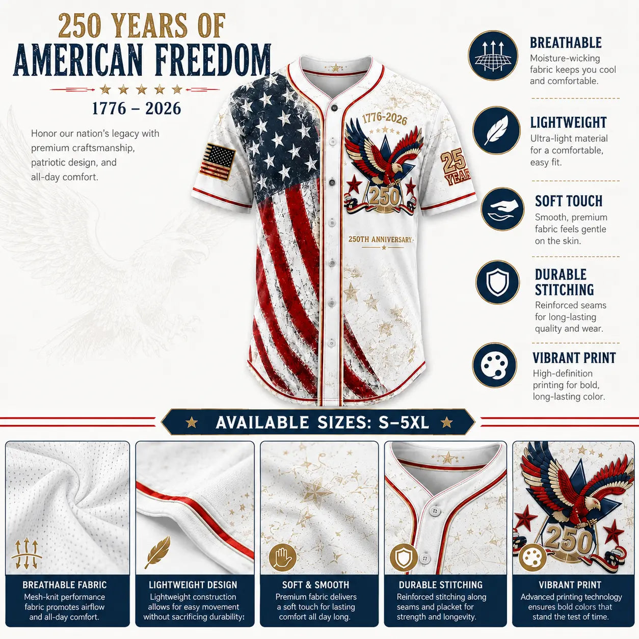 Men's USA 250th Anniversary Baseball Jersey Patriotic American Flag Eagle Button Down Shirt 1776-2026, Vintage Distressed 4th of July Independence Day Graphic Tee, Unisex Casual Sports Top for Men Women, White