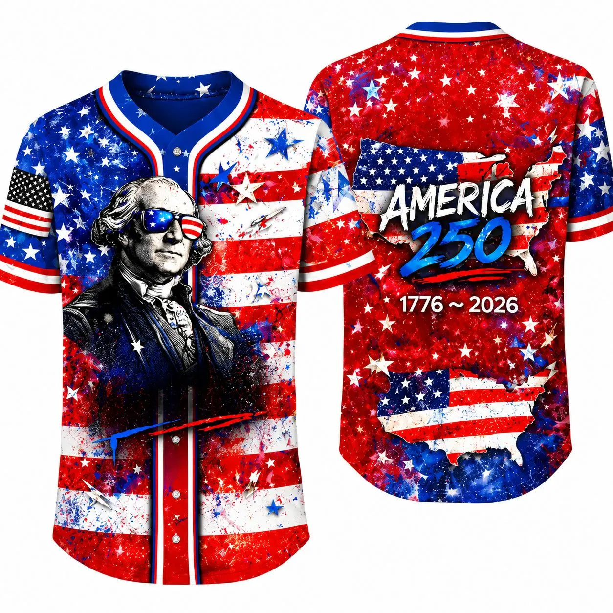Men’s Patriotic America 250 Baseball Jersey - 1776-2026 USA Flag, George Washington Print, Short Sleeve Button Down Top for 4th of July, Fourth of July Independence Day Freedom Party