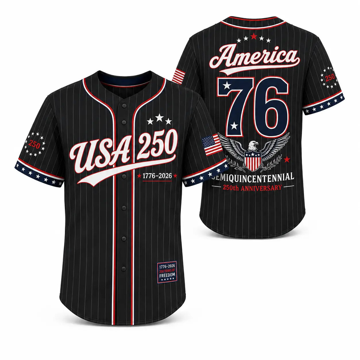 Unisex Pinstripe Baseball Jersey, 250th Anniversary Patriotic Button Down Shirt with America 76 Graphic for 4th of July, 250Th Anniversary Jersey