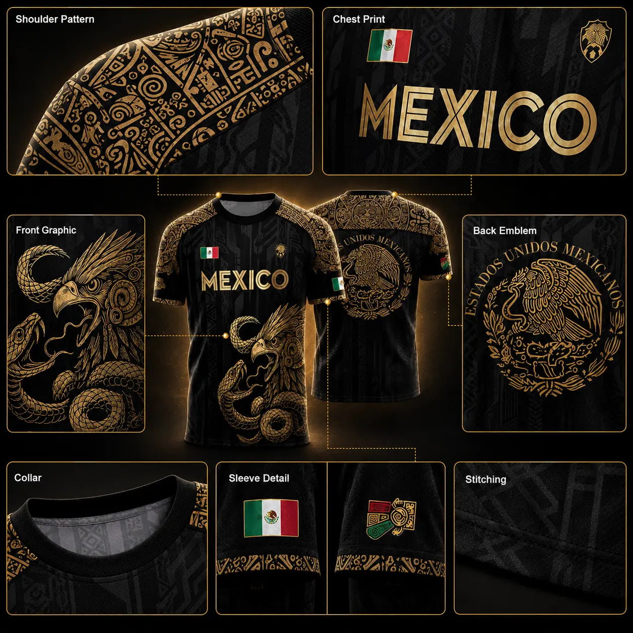 Mexico Jersey, Unisex Dark Green National Team Shirt with Gold Aztec Graphic, Breathable Athletic Top with Eagle Snake Emblem