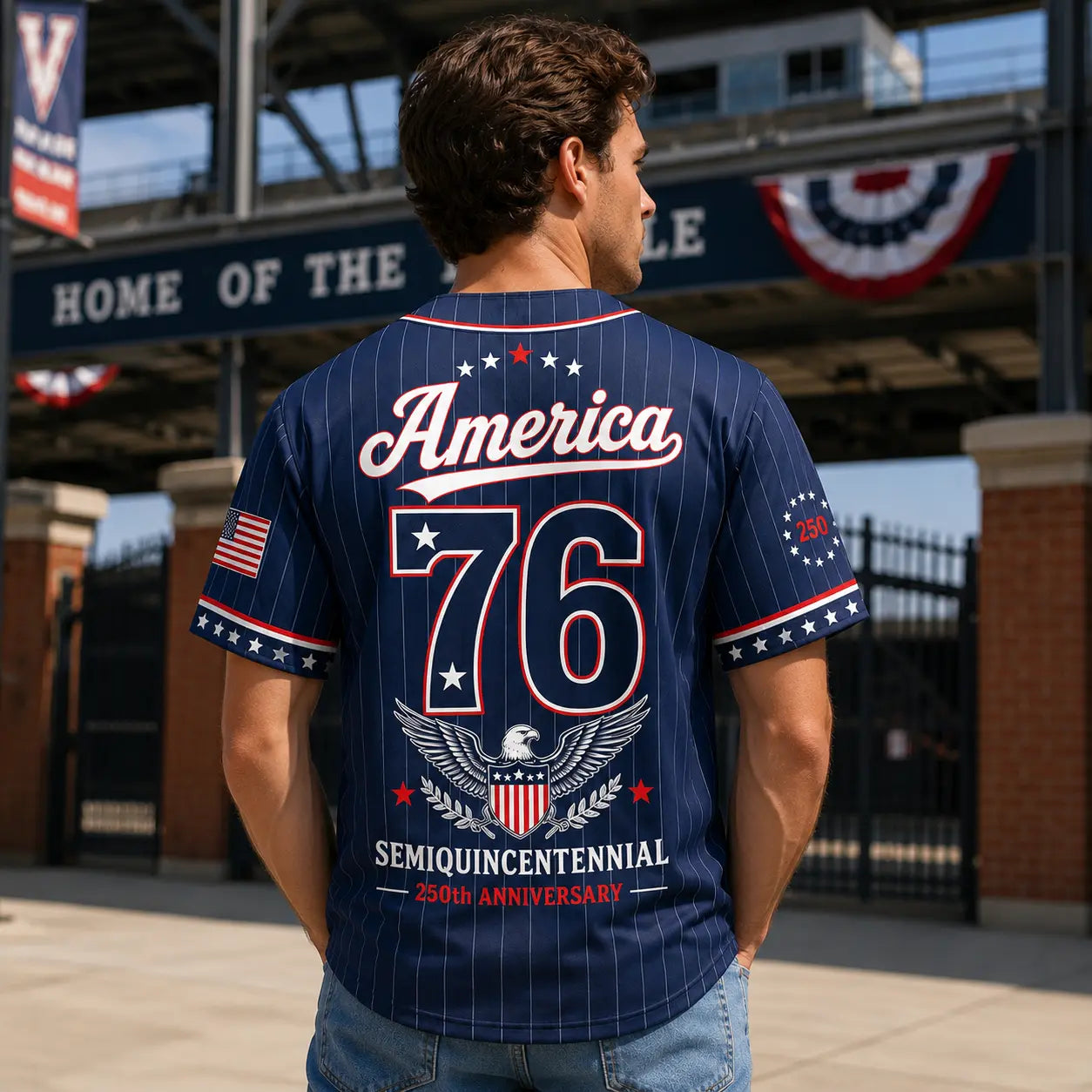 Unisex Pinstripe Baseball Jersey, 250th Anniversary Patriotic Button Down Shirt with America 76 Graphic for 4th of July, 250Th Anniversary Jersey