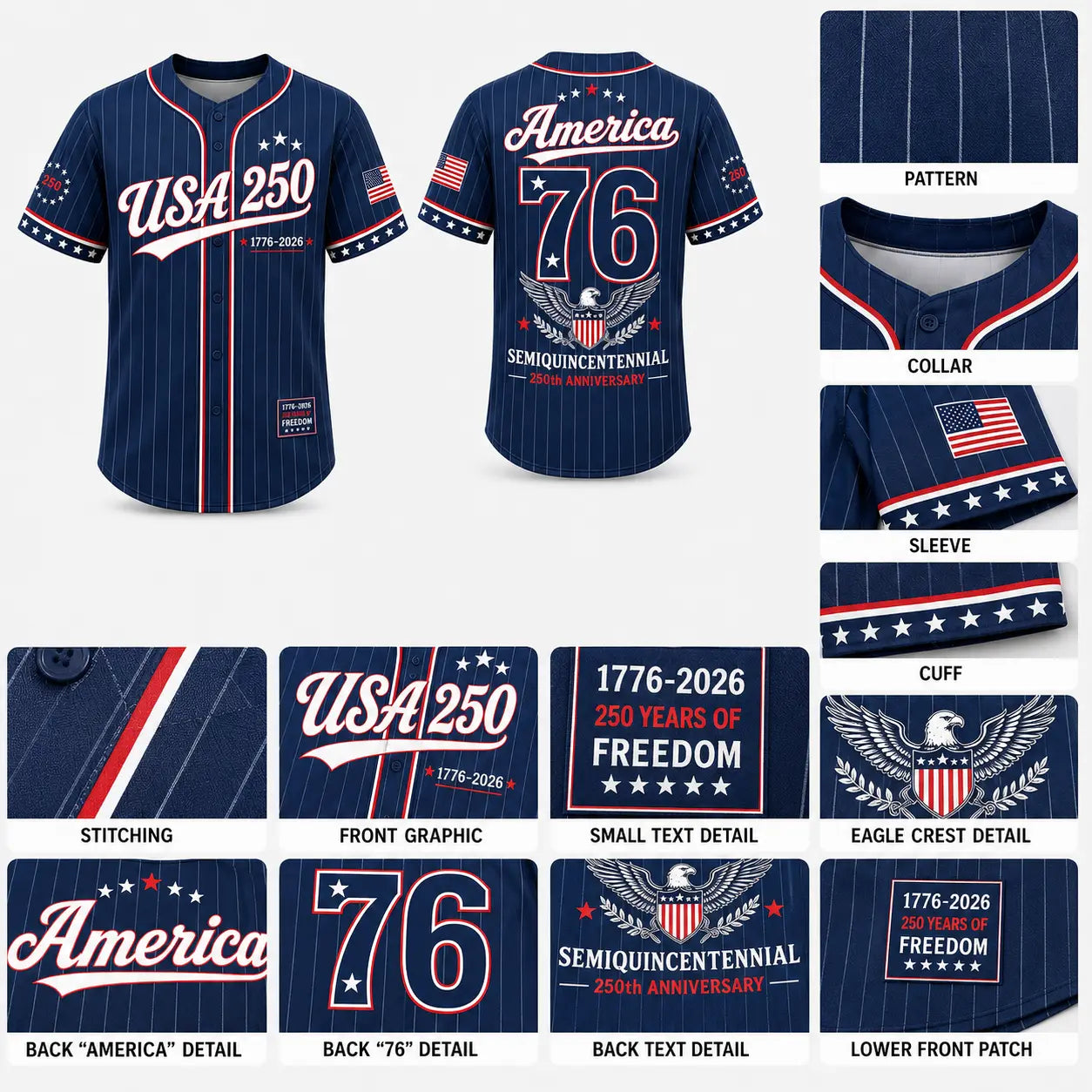 Unisex Pinstripe Baseball Jersey, 250th Anniversary Patriotic Button Down Shirt with America 76 Graphic for 4th of July, 250Th Anniversary Jersey