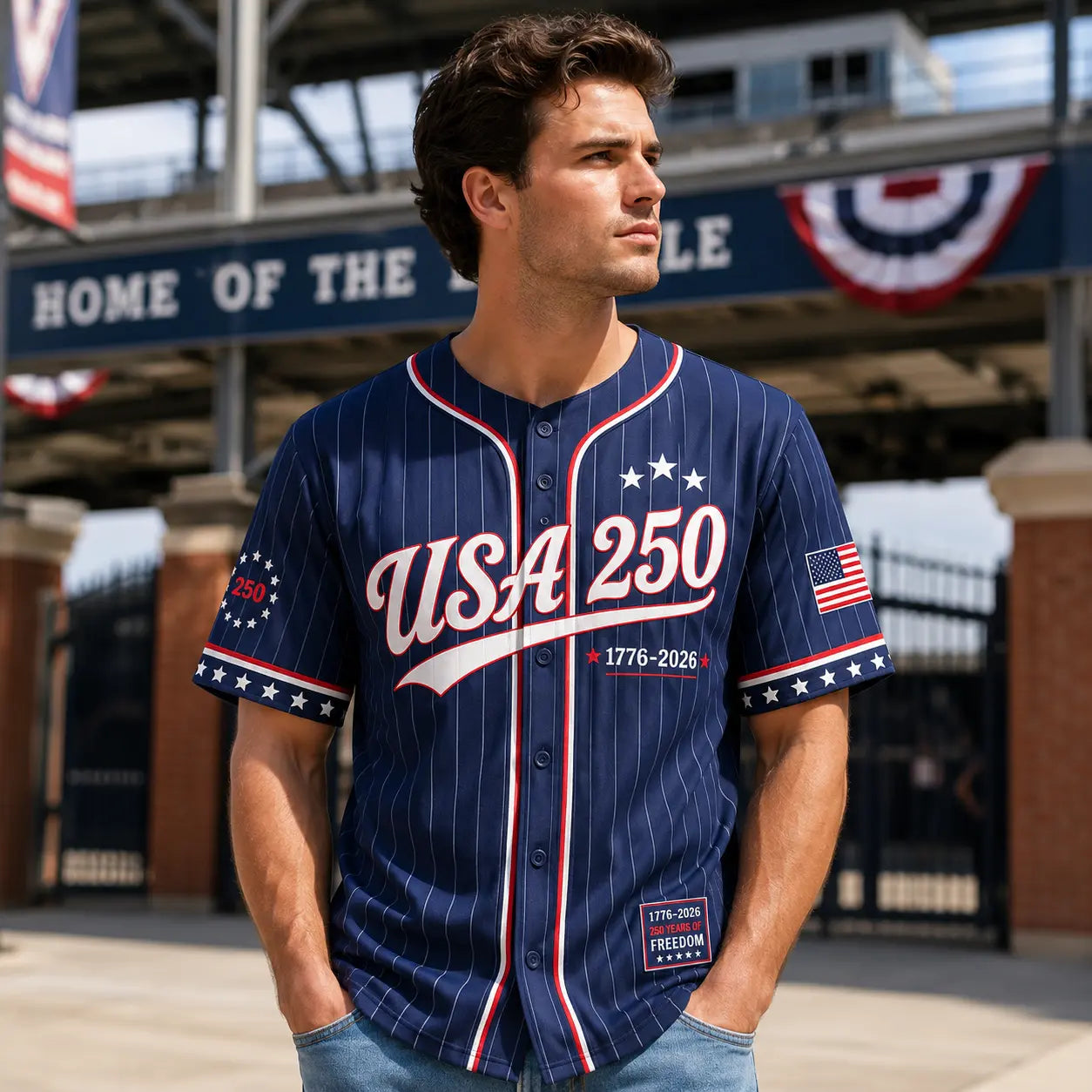 Unisex Pinstripe Baseball Jersey, 250th Anniversary Patriotic Button Down Shirt with America 76 Graphic for 4th of July, 250Th Anniversary Jersey