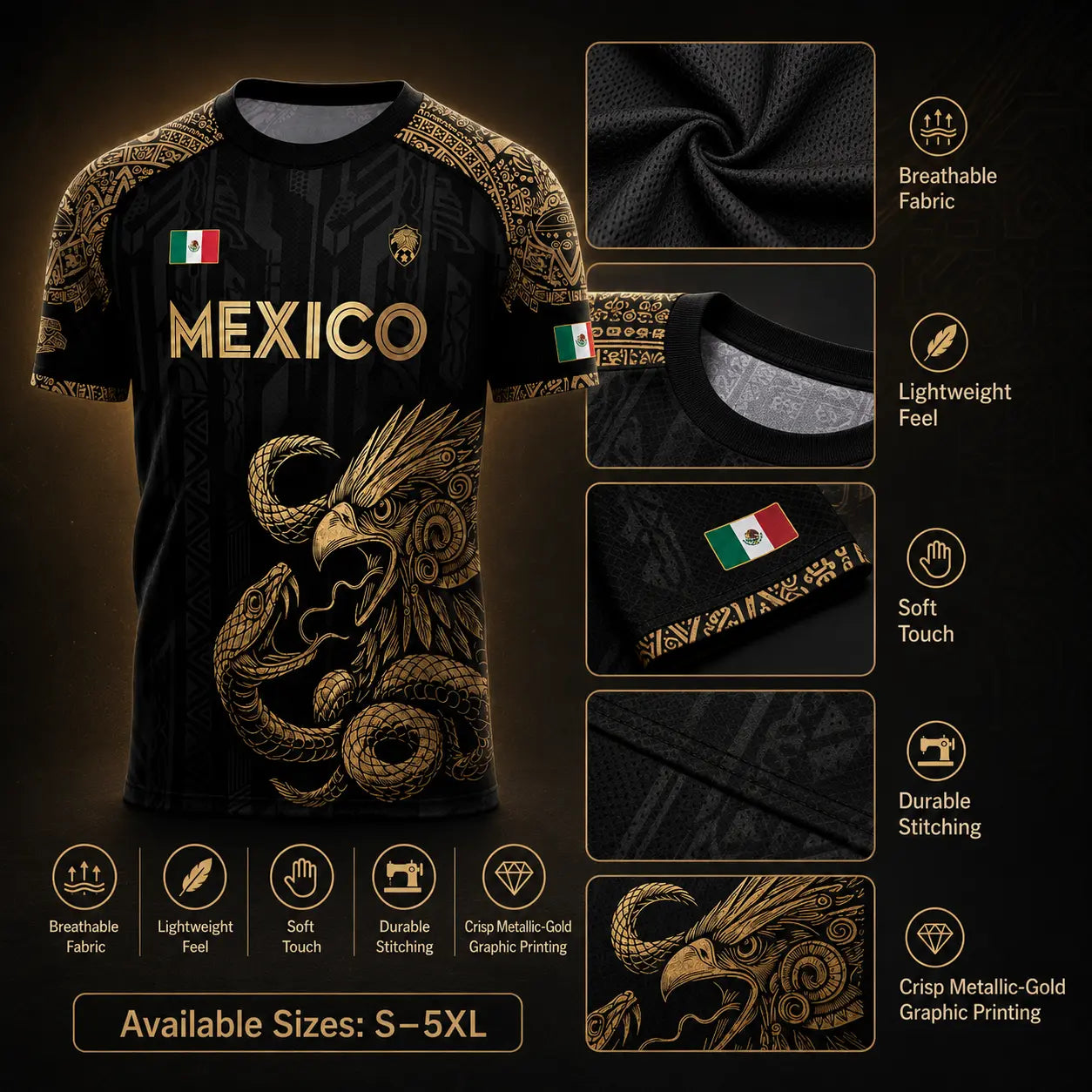 Mexico Jersey, Unisex Dark Green National Team Shirt with Gold Aztec Graphic, Breathable Athletic Top with Eagle Snake Emblem